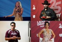 Shakira (i-arriba), el cantante mexicano Carín León (d-arriba), el artista puertorriqueño Myke Towers (i-abajo), y la cantante mexicana Becky G.