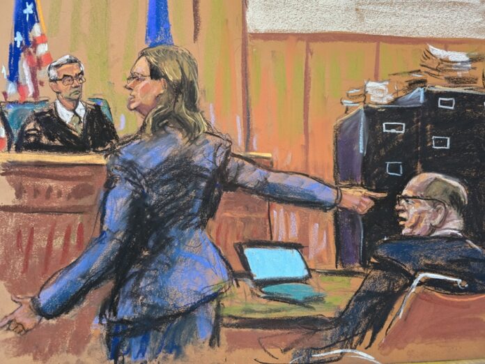 Shannon Lucey (c) señalando al acusado Harvey Weinstein