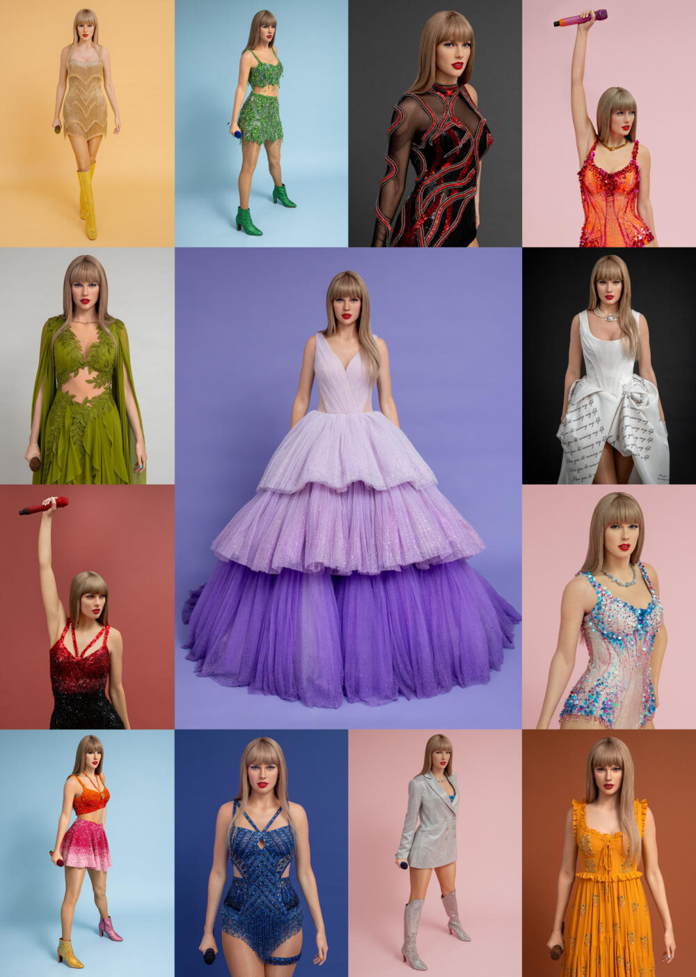 13 figuras de cera de la cantante Taylor Swift, creadas en conmemoraci&oacute;n de los momentos ic&oacute;nicos de su gira mundial, Eras Tour.