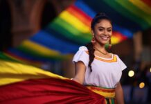 A woman wearing a vibrant Mexican costume, showcasing colorful patterns and traditional attire.. Generative AI