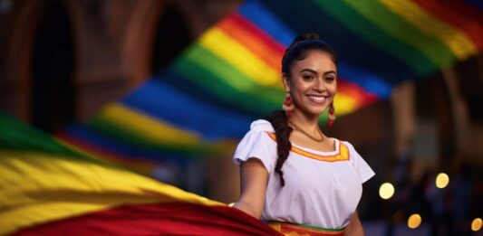 A woman wearing a vibrant Mexican costume, showcasing colorful patterns and traditional attire.. Generative AI