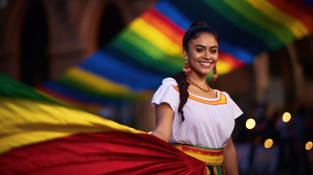 A woman wearing a vibrant Mexican costume, showcasing colorful patterns and traditional attire.. Generative AI