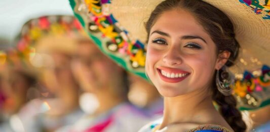 Smiling Young Woman Wearing Traditional Embroidered Dress and So