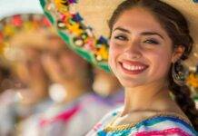 Smiling Young Woman Wearing Traditional Embroidered Dress and So