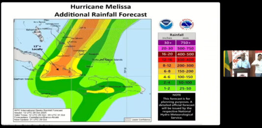 Andrew Holness, que muestra el pronóstico de lluvias en el área de Jamaica, Cuba, Haití y República Dominicana
