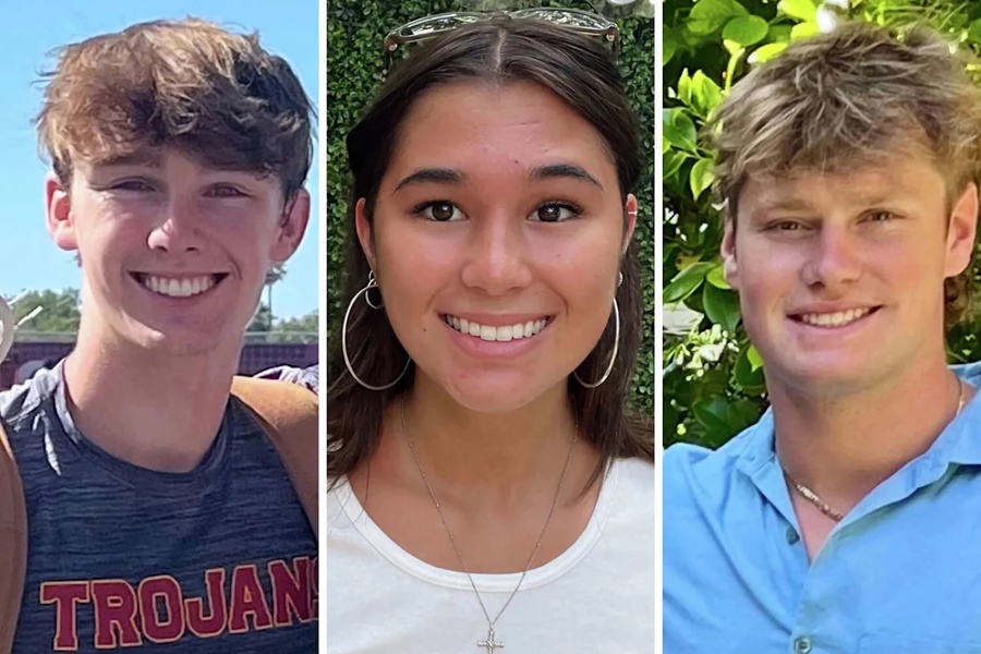Demandan a Tesla por la muerte de dos jóvenes atrapados en una Cybertruck tras un choque jóvenes universitarios que murieron en un accidente de auto en California, Soren Dixon (i), Krysta Tsukahara (c) y Jack Nelson