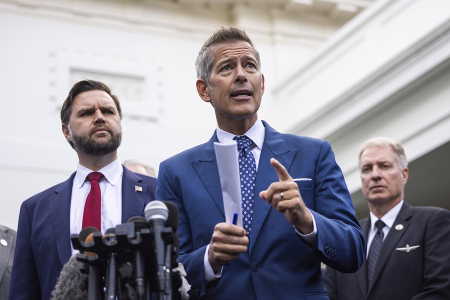 US vice president speaks to reporters after meeting with airline executives on government shutdown Sean Duffy