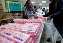 Gobernadora de Nueva York ordena la financiación para programa de cupones de alimentos Free food distribution at YMCA in the midst of longest US government shutdown