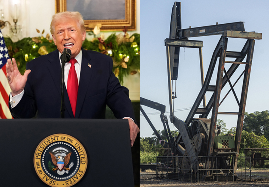 Ofensiva de Trump contra petroleros arroja nuevas incógnitas sobre la campaña en Venezuela , Donald Trump (i) y a un balancín petrolero de Venezuela.
