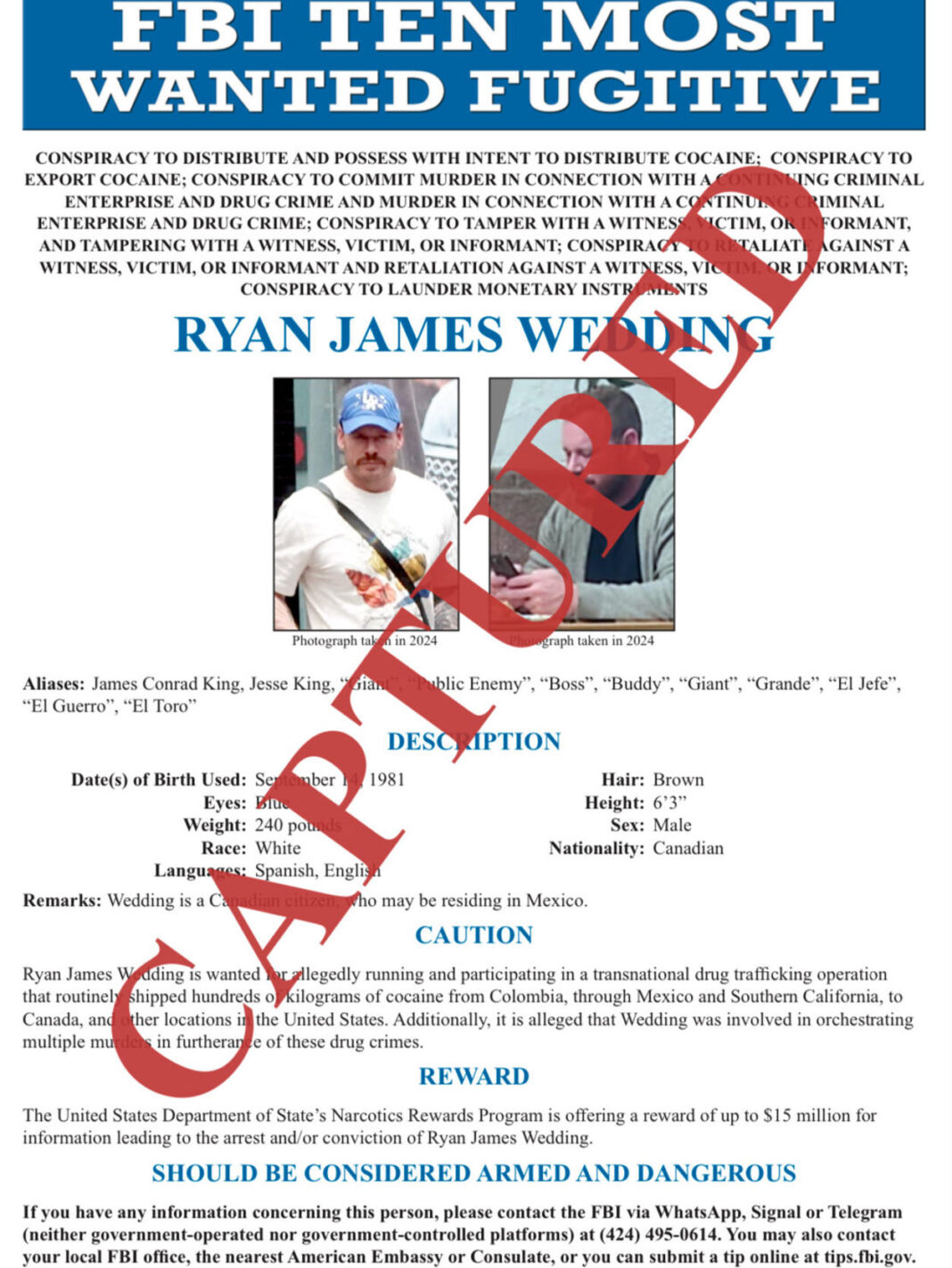 El narcotraficante y exatleta olímpico canadiense Ryan Wedding ha sido detenido, según NBC News