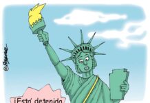 ¡Detenida por romper la armonía social! caricatura