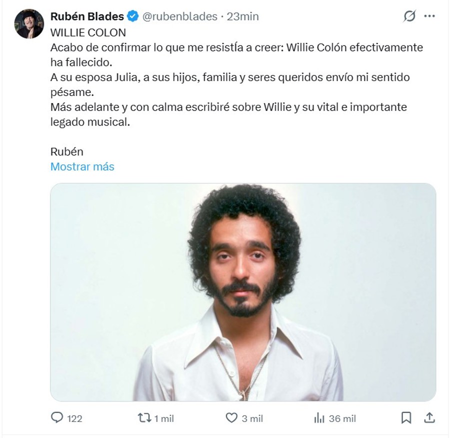 Rubén Blades traslada su pésame a los familiares de Willie Colón tras muerte del salsero