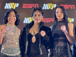 Las boxeadoras del Most Valuable Promotions (MVP), la puertorriquerña Amanda Serrano (c), y las estadounidenses Alycia Baumgardner (i), y Shadasia Green