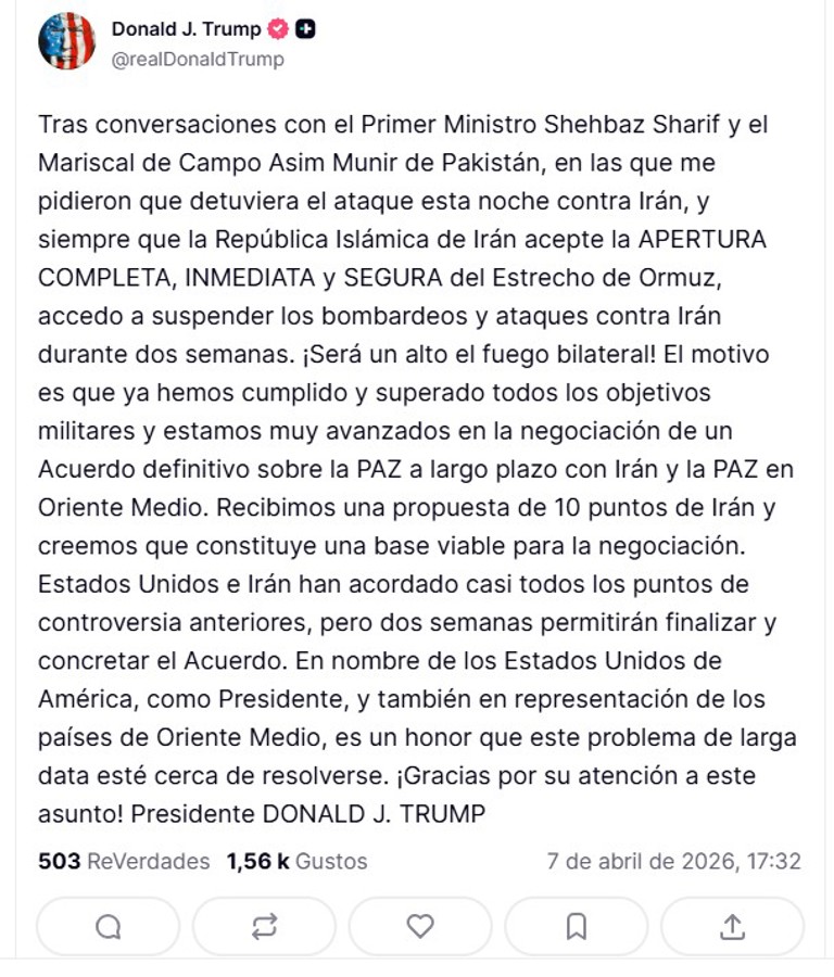 Trump da otras dos semanas a Ir&aacute;n para reabrir Ormuz y anuncia un alto el fuego bilateral