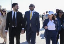 Zohran Mamdani (2-L), Queens Borough President Donovan Richards Jr. (C) and New York Governor Kathy Hochul