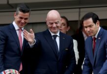 Santiago Pena, FIFA president Gianni Infantino and US Secretary of State Marco Rubio
