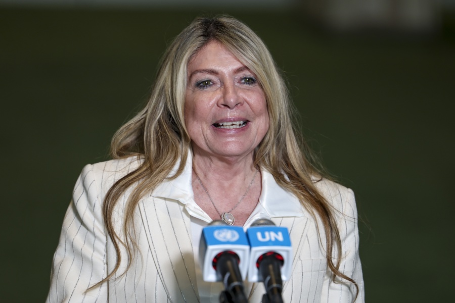 Ivonne Baki, candidate for the next Secretary-General, speaks to the press at United Nations Ivonne Baki,