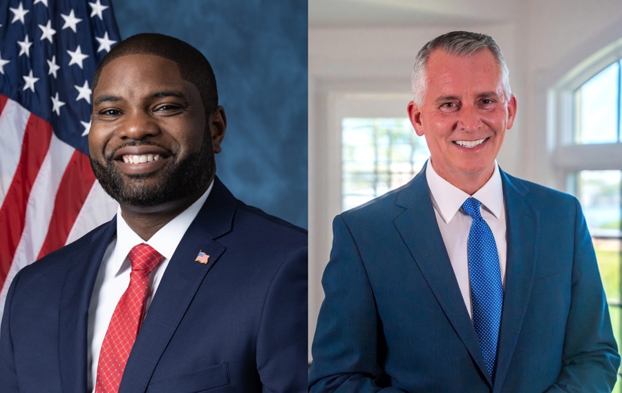 Candidato de Trump y un exrepublicano ahora demócrata ganan primaria para gobernar Florida el congresista republicano Byron Donalds (i), respaldado por el presidente estadounidense, Donald Trump, y el excongresista republicano David Jolly