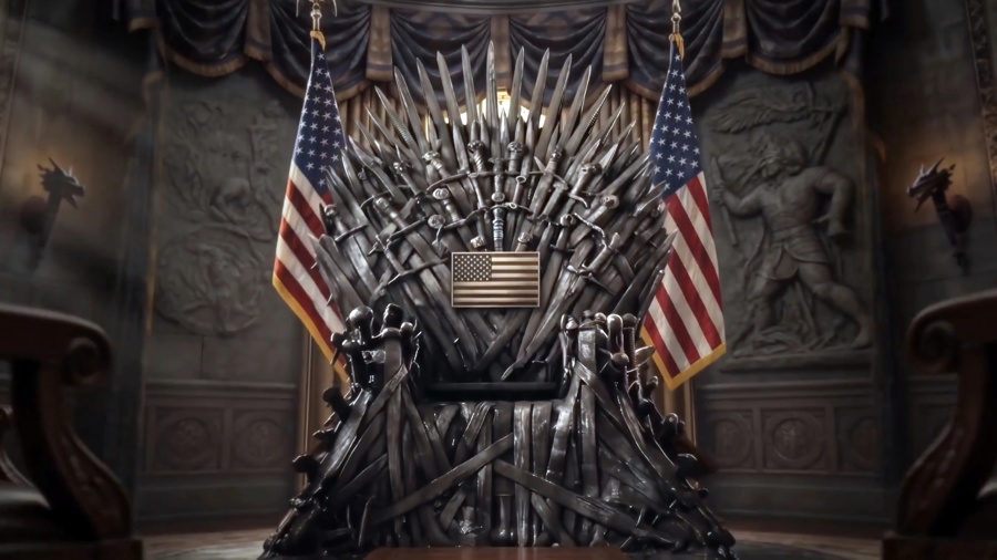 el escritorio del presidente de Estados Unidos convertido en el Trono de Hierro de la pel&iacute;cula Juego de Tronos.