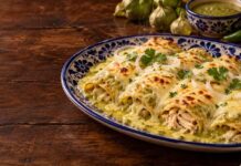 Enchiladas suizas cremosas y gratinadas Enchiladas suizas con salsa verde cremosa, pollo y queso gratinado, listas para compartir.