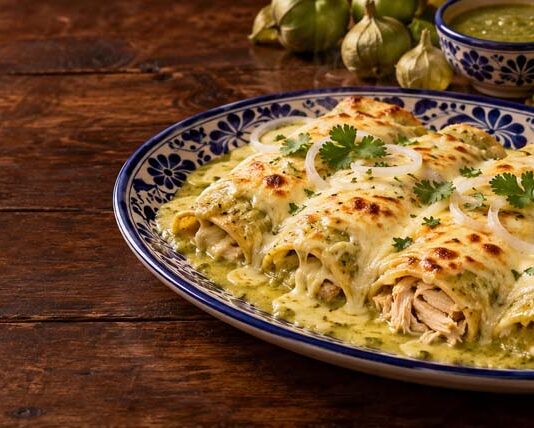 Enchiladas suizas cremosas y gratinadas Enchiladas suizas con salsa verde cremosa, pollo y queso gratinado, listas para compartir.