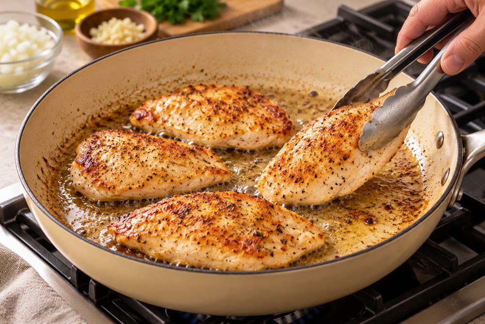 Golden Chicken Searing in a Cream Pan-1