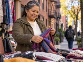 New York vendor folding colorful scarves (1)