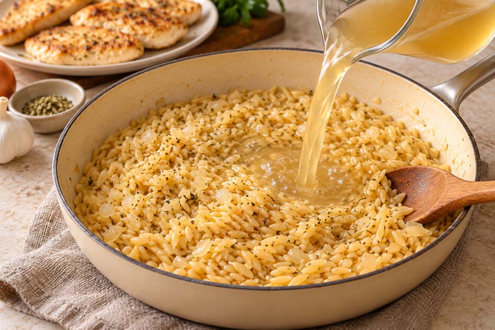 Pouring Broth into Toasted Orzo-3