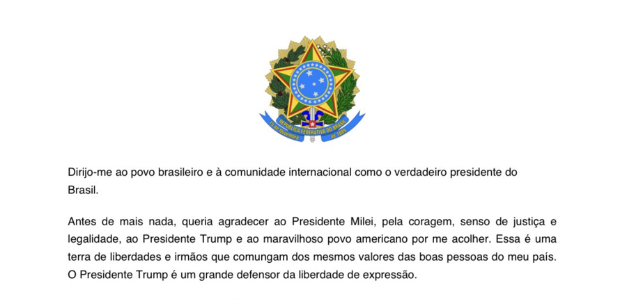 se declara este miércoles el "verdadero presidente electo de Brasil", en una carta abierta